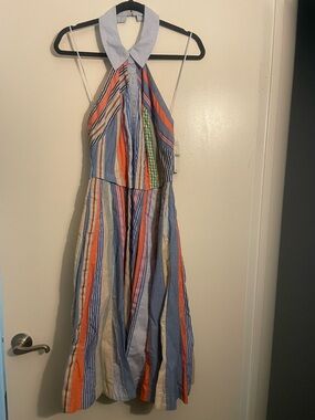 Maeve Multistripe Halter Maxi Dress in Blue, Orange and Cream